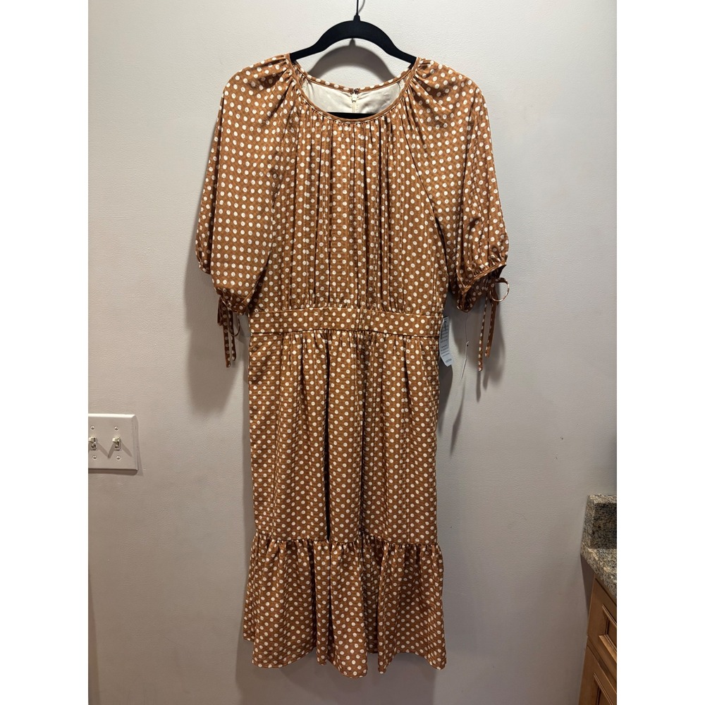 (READ) Maggy London Brown Polka Dot Puff Sleeve Midi Dress Size 10 Cottagecore